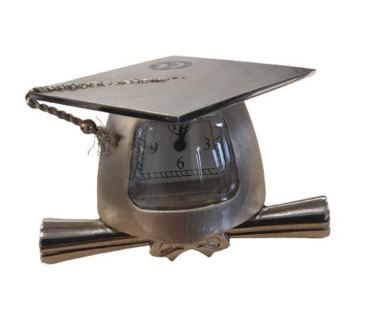 Miniature Clock Silver Metal Graduation Hat & Scroll Solid Brass IMP1012