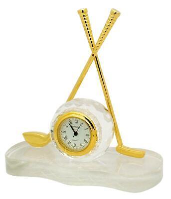 Miniature Clock Gold Metal Stick with Golf Club & Ball Crystal Solid Brass IMP512