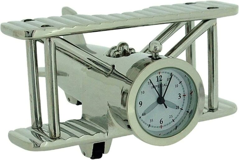 Miniature Clock Silvertone Metal Bi-Plane Design Solid Brass IMP1014S – CLEARANCE NEEDS RE-BATTERY