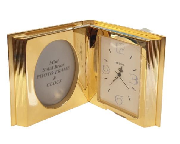 Miniature Clock Goldtone Photo Frame & Clock Solid Brass IMP100
