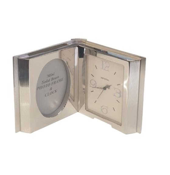 Miniature Clock Silvertone Photo Frame & Clock Solid Brass IMP100S – CLEARANCE NEEDS RE-BATTERY