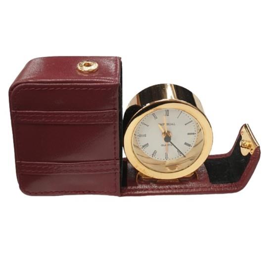 Miniature Clock Travel Alarm Goldtone Clock folds away into Leather bag IMP610 – CLEARANCE NEEDS RE-BATTERY