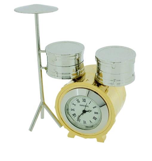 Miniature Clock Two tone Free Drum Kit Standing Solid Brass IMP1065