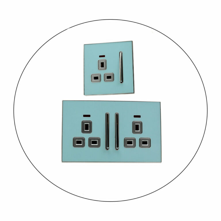 Decorative Blue Glossy Main Plug Sockets Full Range Satin Gold Inserts UK~2307