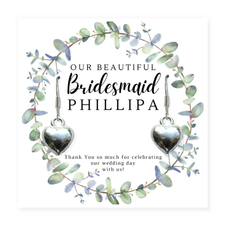 Bridesmaids Heart Earrings & Eucalyptus Thank You Card